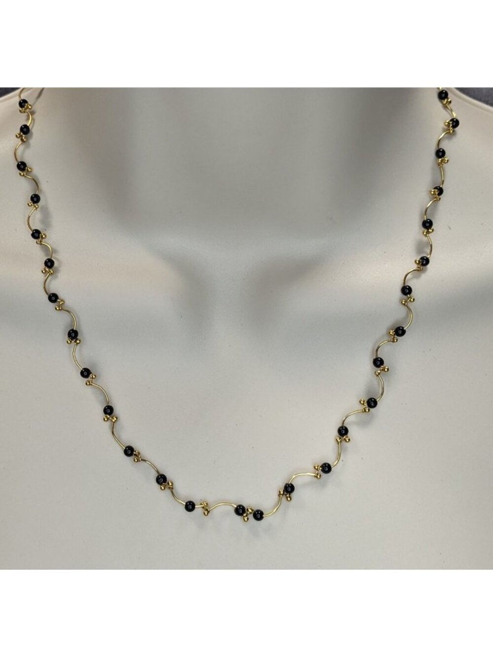 Goth Black Bead Gold Tone Wavy Station Necklace Minimalist Vintage Style